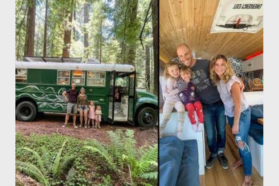 Family transforms old school bus into a three-bed home - then travels across 16 US states